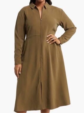 Nordstrom Olive Green Long Sleeve Zip-Front Dress with Pockets